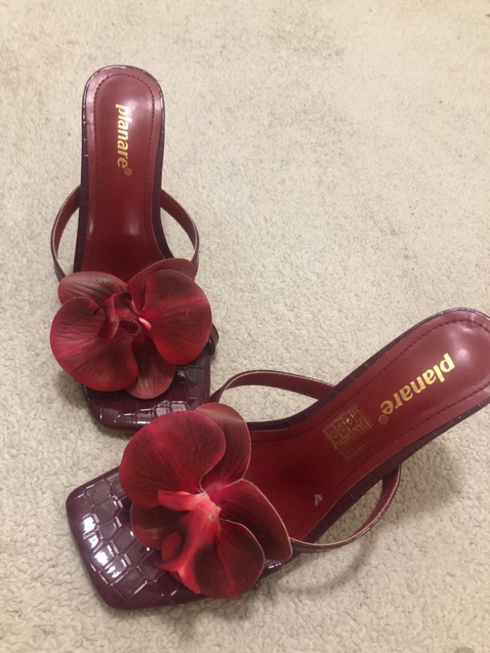 Burgundy Floral Decor Planare Cross Chunky Heel Loafer Sandals". - Picture 5 of 6